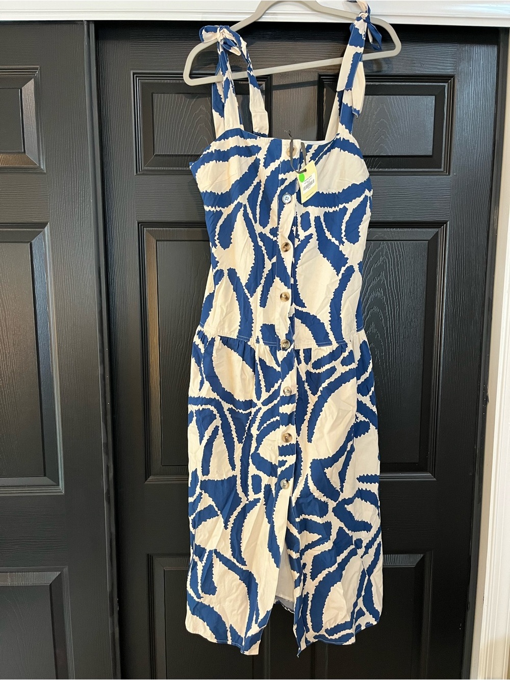 Blue and White Patterned Button-Front Drop Waist Sundress